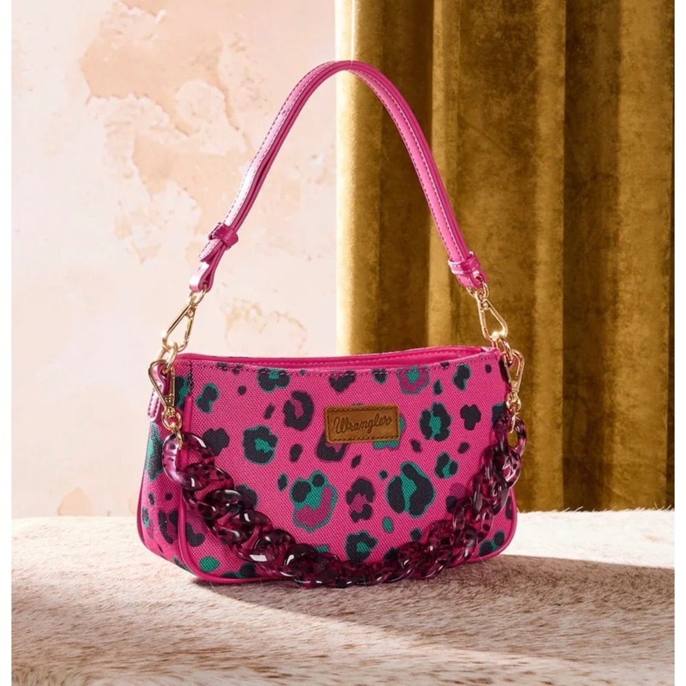 NWT Wrangler Pink Leopard Print Canvas Shoulder Bag Acrylic Chain Western Hobo